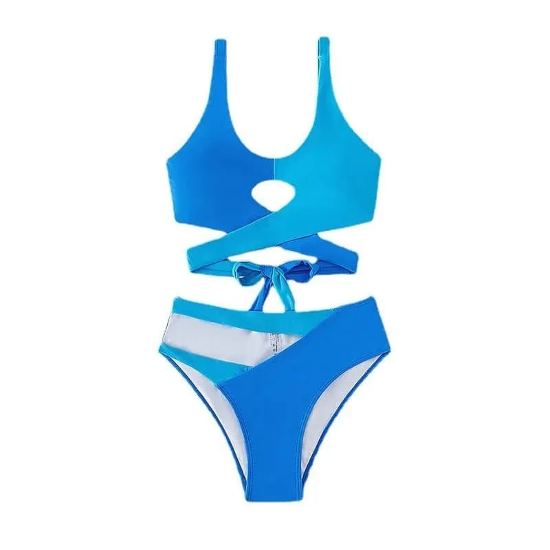 Blue Patchwork Bikini Set - Low Waist, Strappy Bathing Suit for Women
