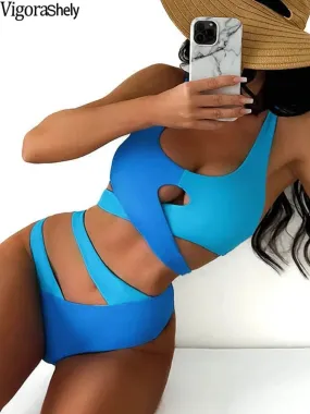 Blue Patchwork Bikini Set - Low Waist, Strappy Bathing Suit for Women
