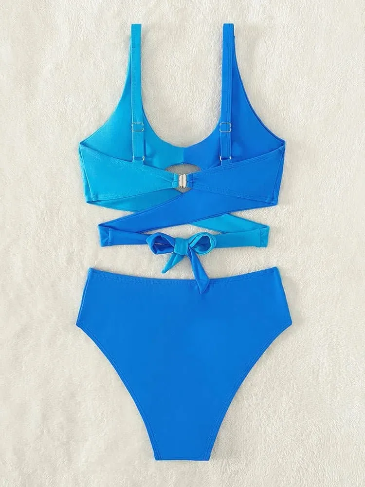 Blue Patchwork Bikini Set - Low Waist, Strappy Bathing Suit for Women