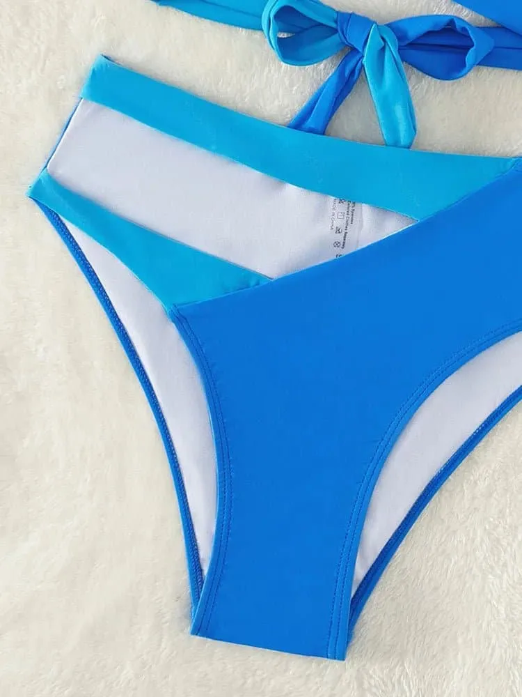 Blue Patchwork Bikini Set - Low Waist, Strappy Bathing Suit for Women