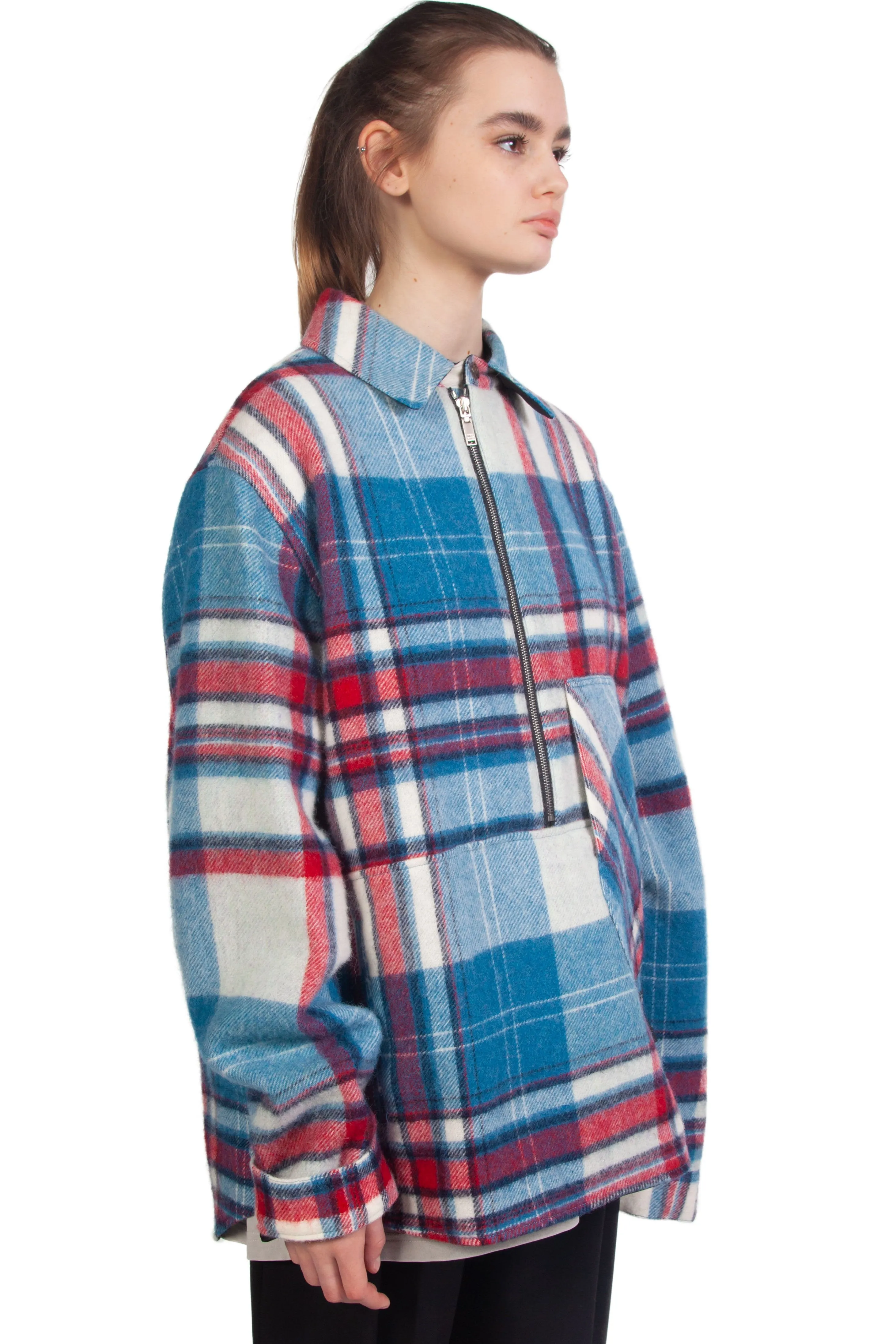 Blue Wool Check Half-Zip Shirt
