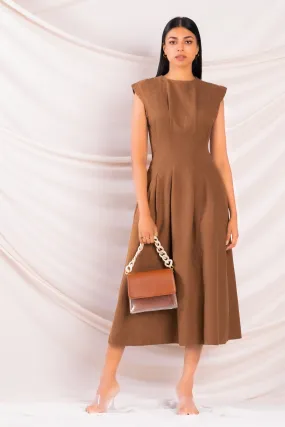 Brown Fitted Waist Midi Dress
