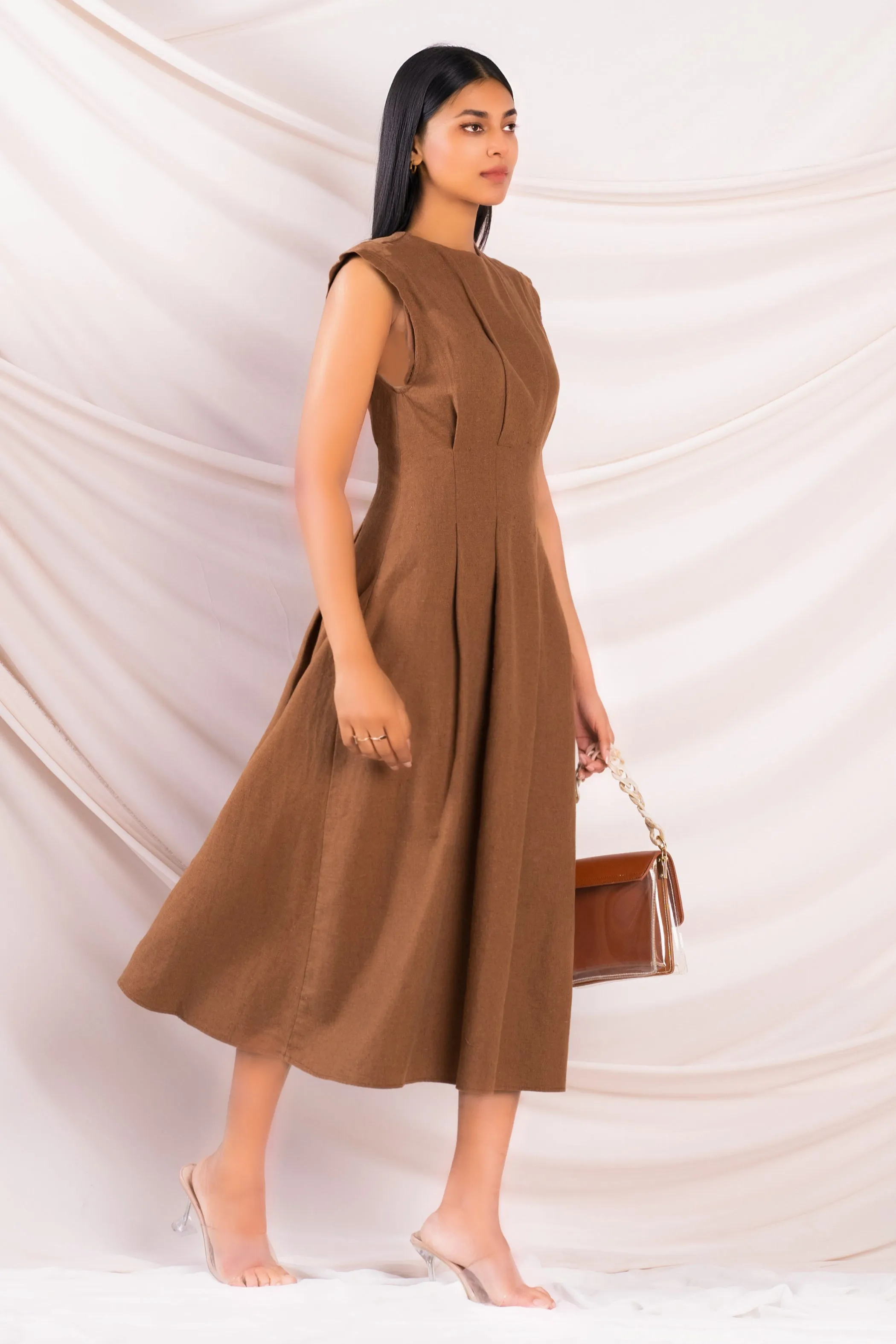 Brown Fitted Waist Midi Dress