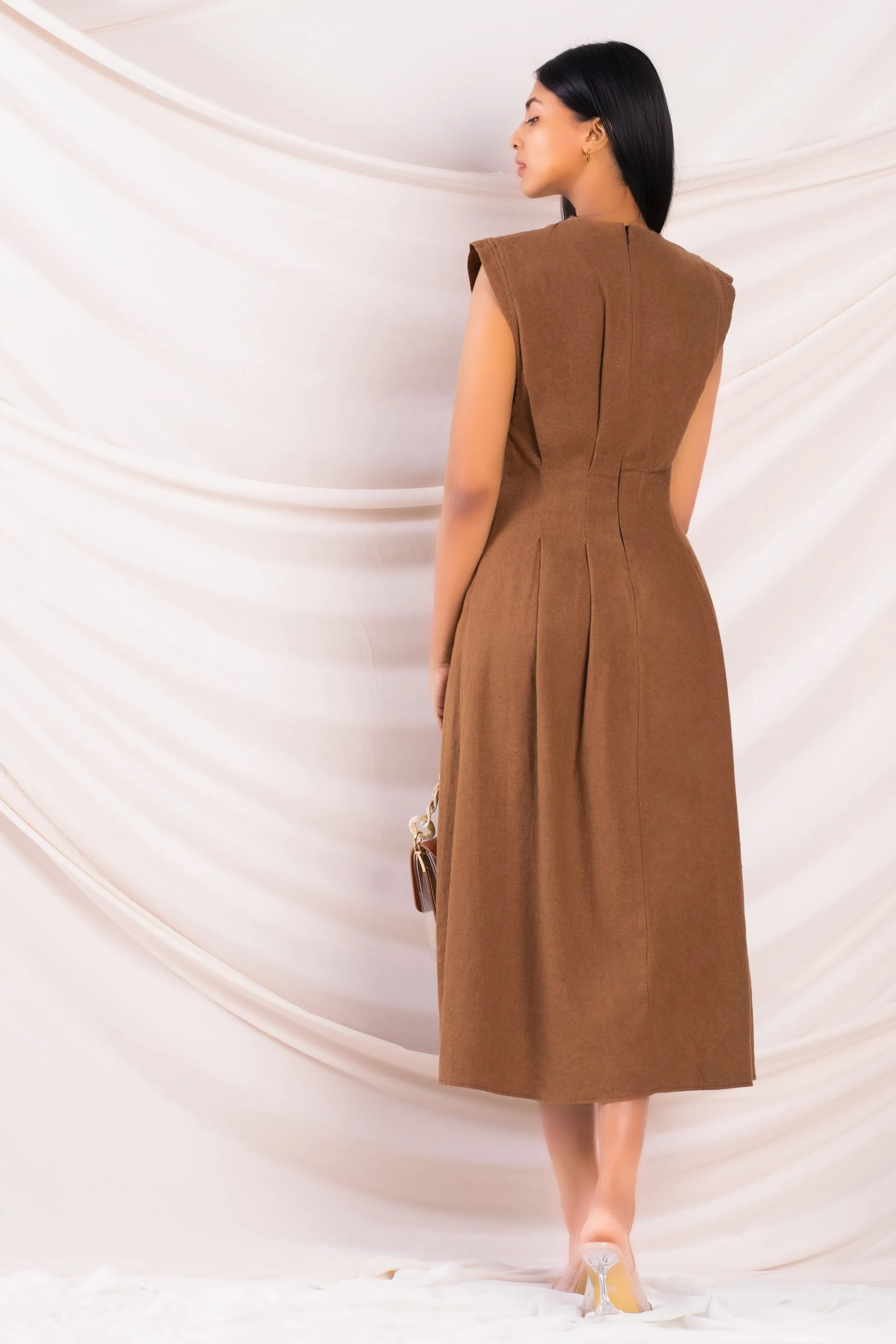 Brown Fitted Waist Midi Dress