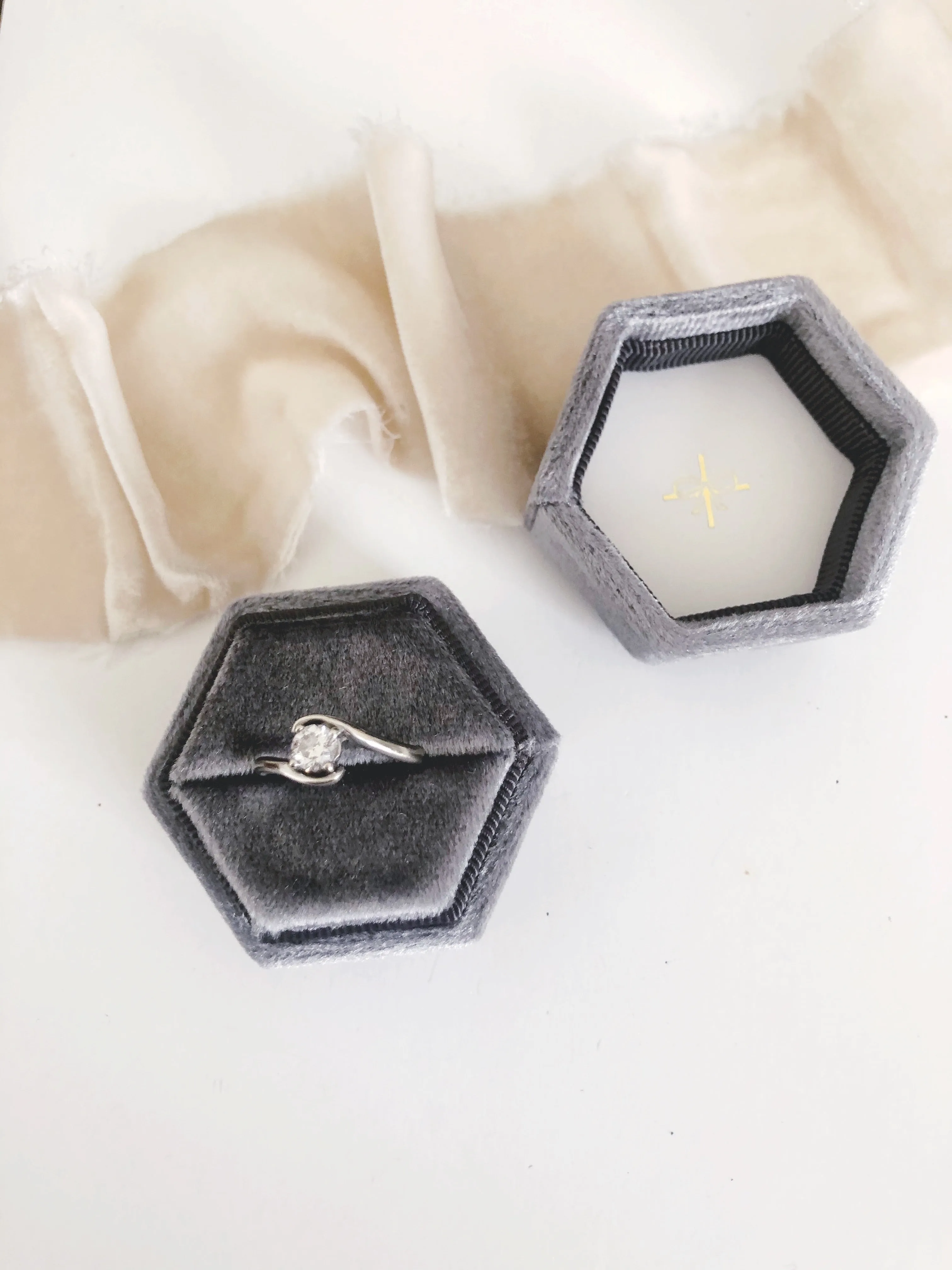 Charcoal Grey Velvet Hexagon Ring Box
