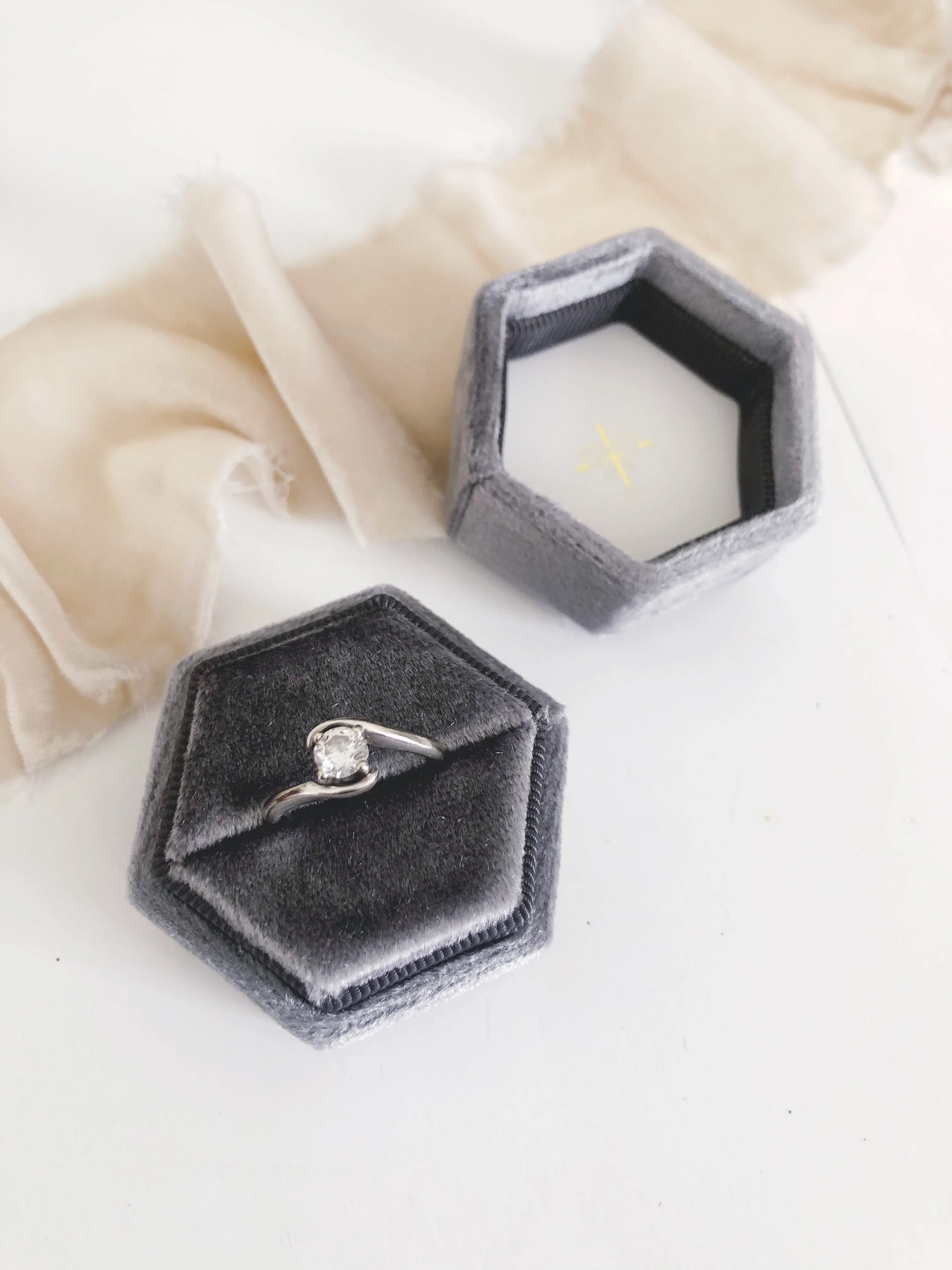 Charcoal Grey Velvet Hexagon Ring Box
