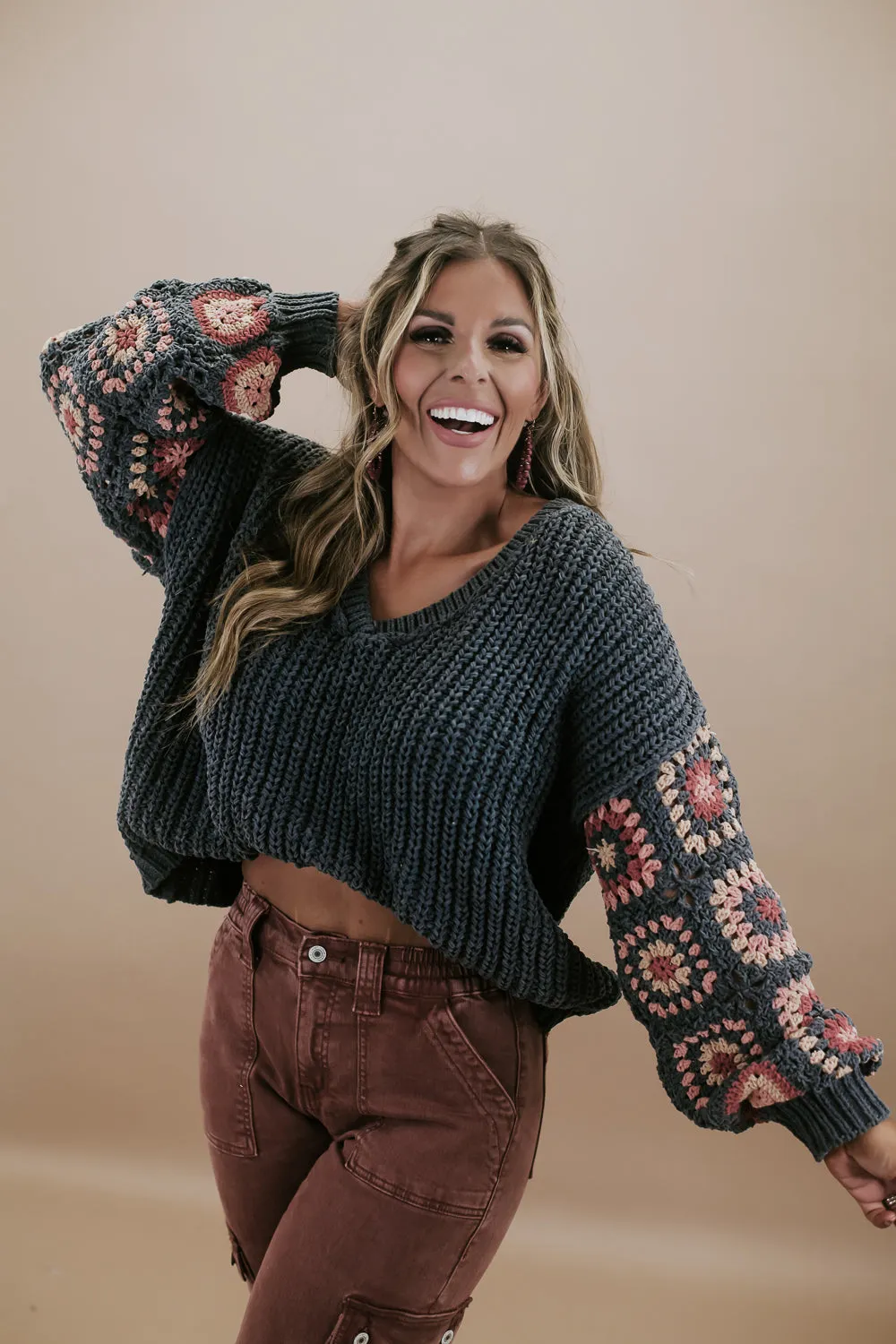 Chenille V-Neck Sweater, Charcoal