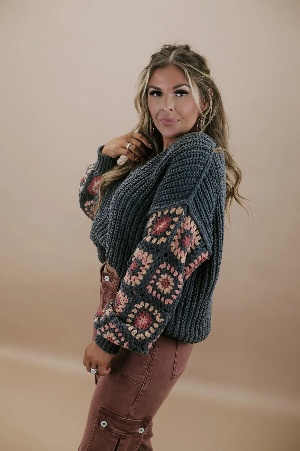 Chenille V-Neck Sweater, Charcoal