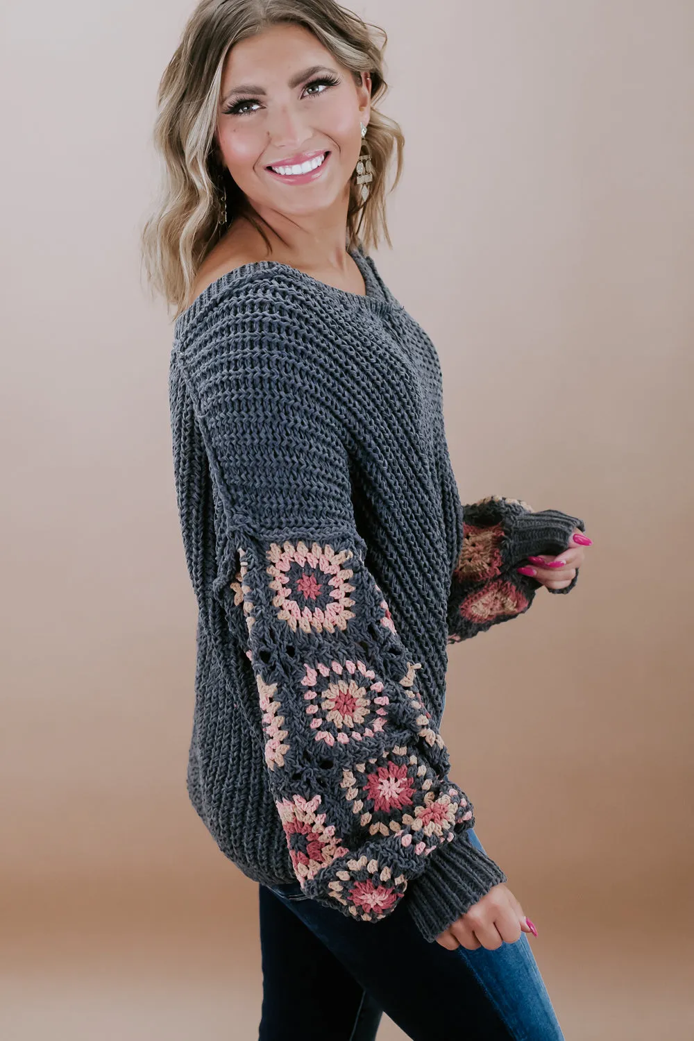 Chenille V-Neck Sweater, Charcoal