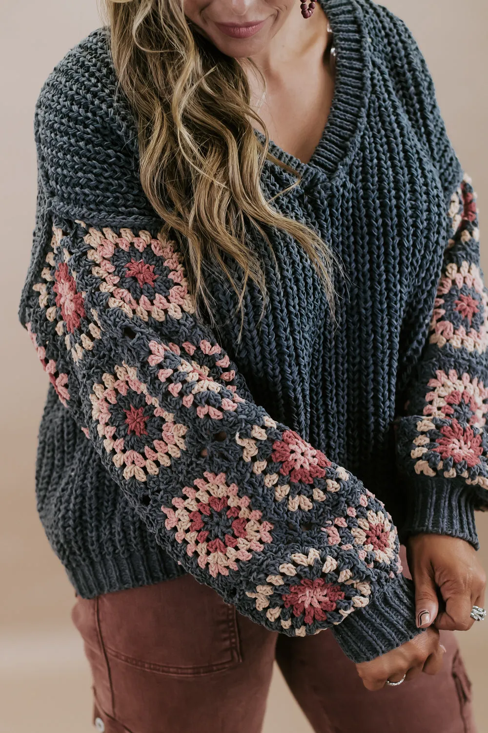 Chenille V-Neck Sweater, Charcoal