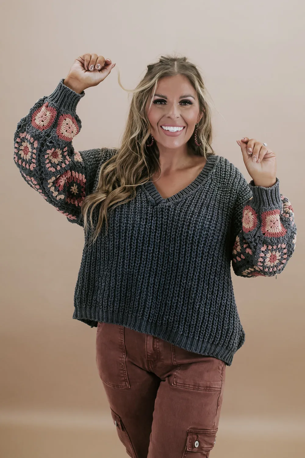 Chenille V-Neck Sweater, Charcoal