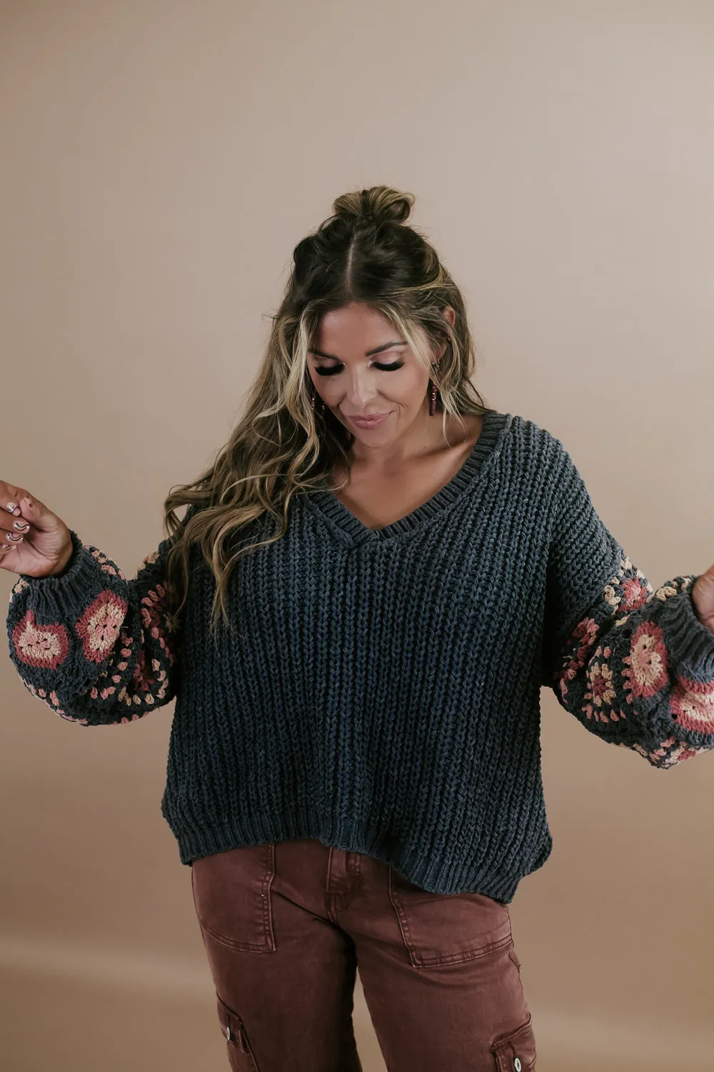 Chenille V-Neck Sweater, Charcoal