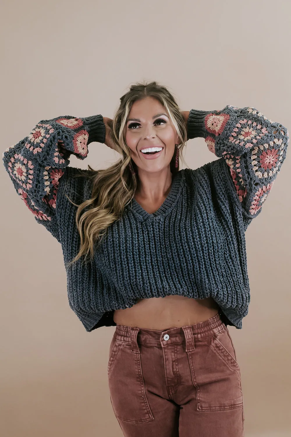 Chenille V-Neck Sweater, Charcoal