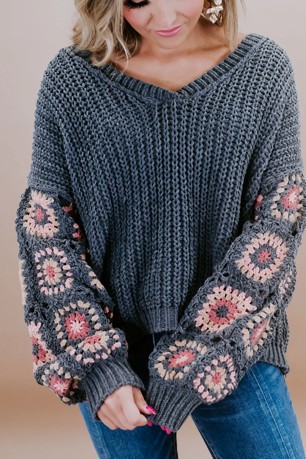 Chenille V-Neck Sweater, Charcoal