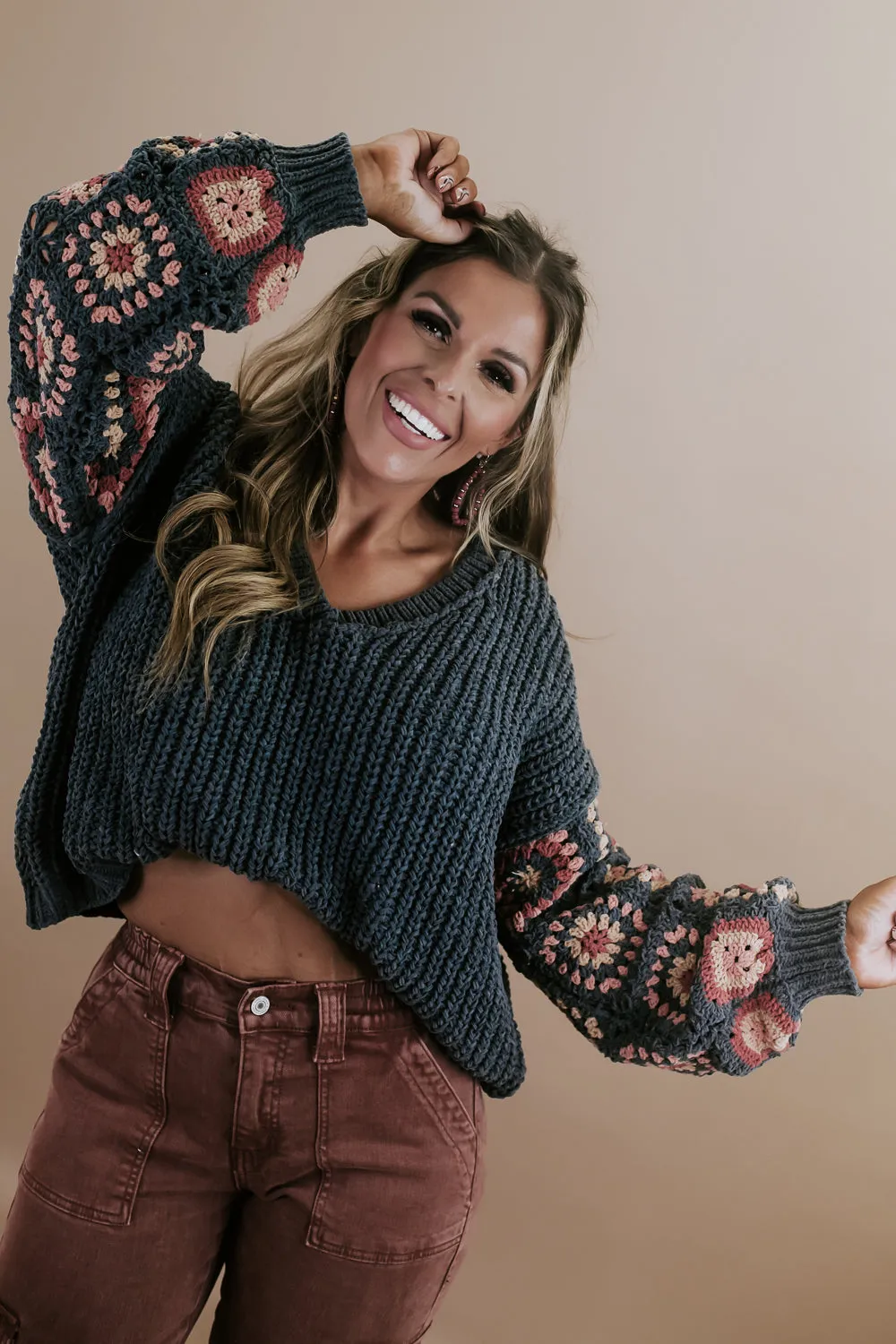 Chenille V-Neck Sweater, Charcoal