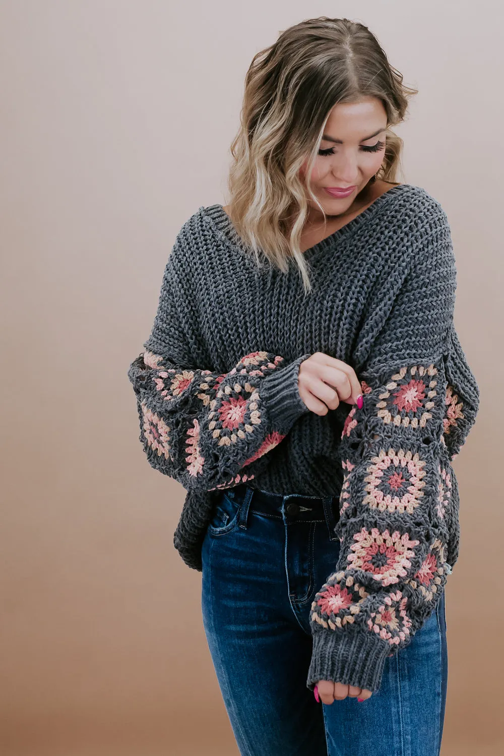 Chenille V-Neck Sweater, Charcoal