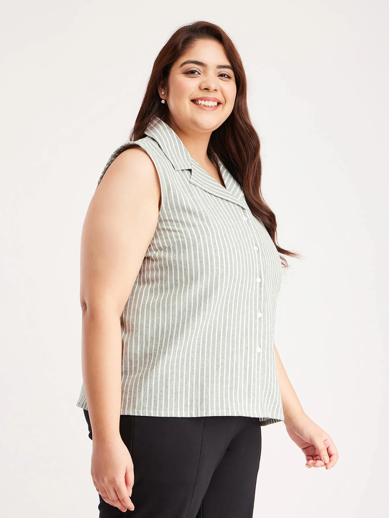 Cotton Linen Stripes Top - Olive And Off-White
