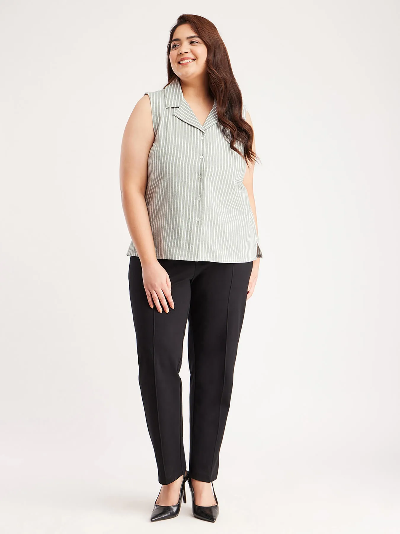 Cotton Linen Stripes Top - Olive And Off-White