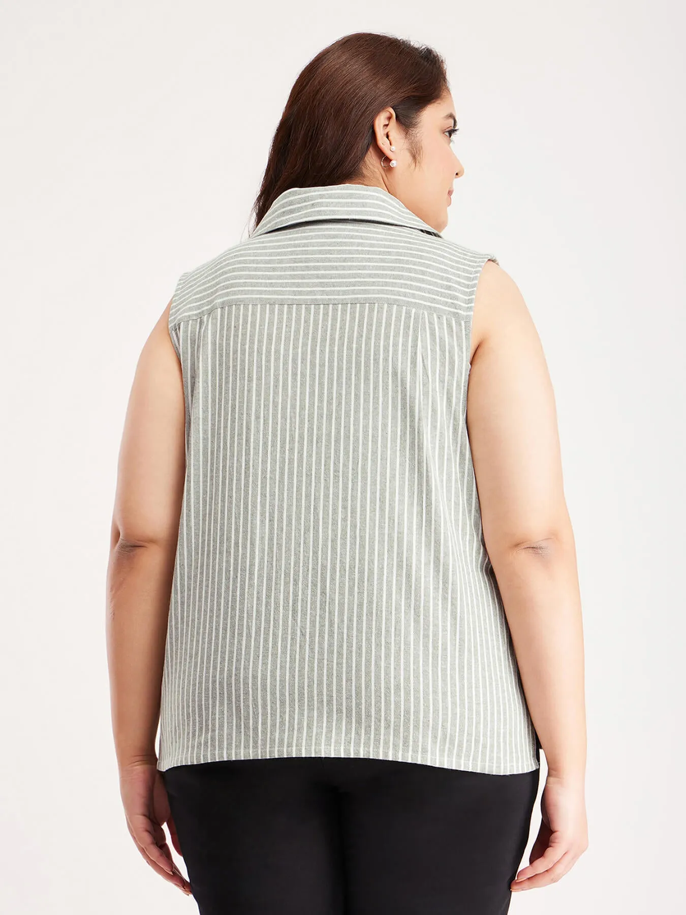 Cotton Linen Stripes Top - Olive And Off-White