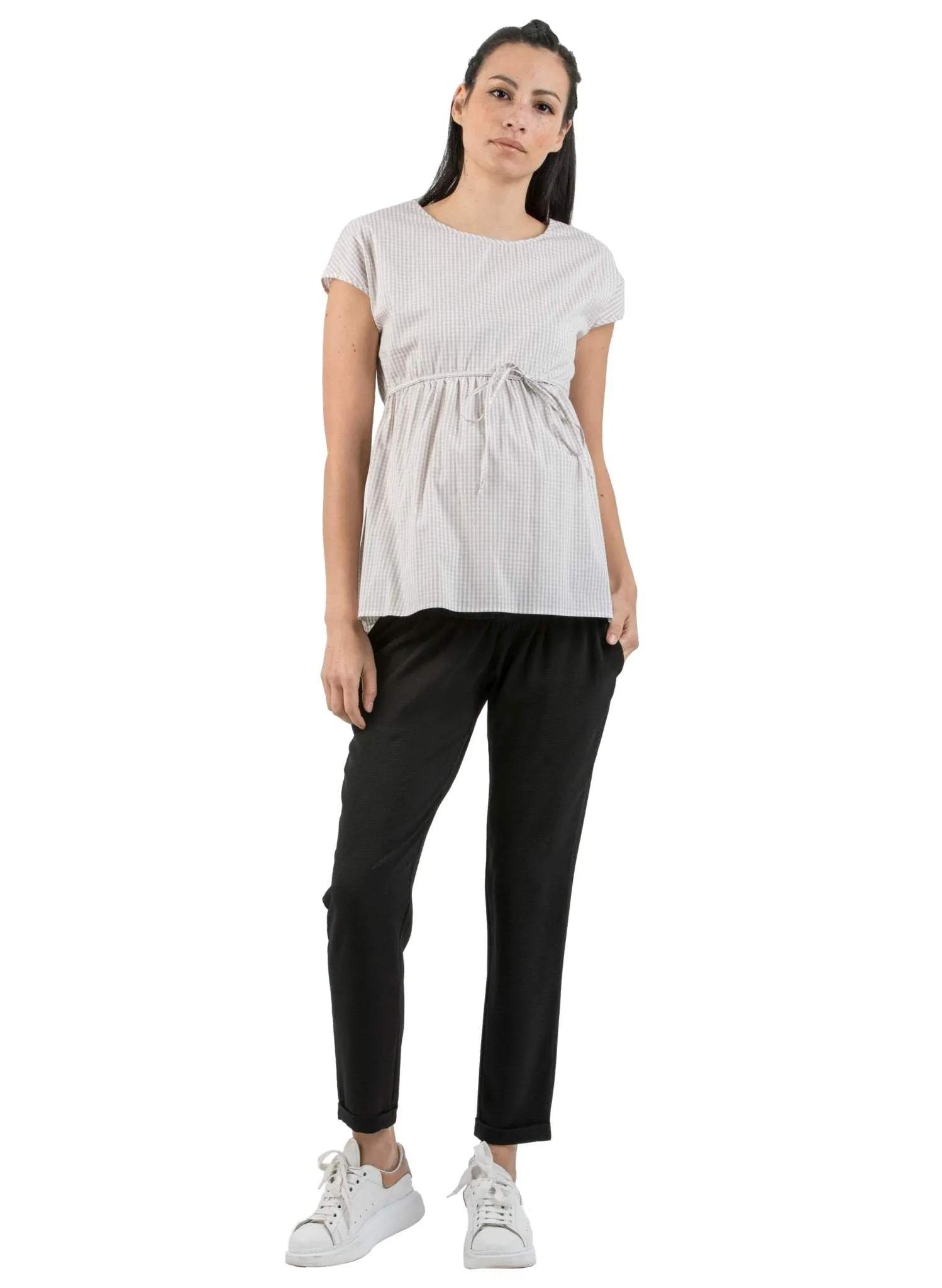 Cotton Maternity Top with Side String - Beige