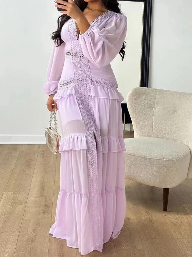 Deep V Neck Spring Autumn Patchwork Party Dress, Women Long Sleeve Hollow Out Maxi Dress, New Fashion Solid Ladies Dress Vestido
