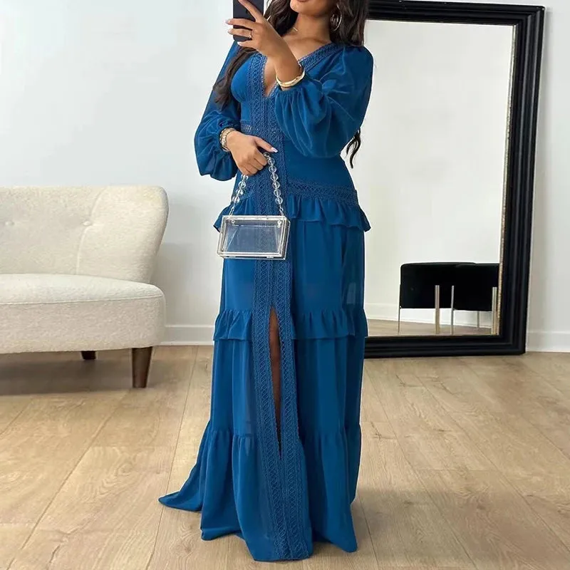 Deep V Neck Spring Autumn Patchwork Party Dress, Women Long Sleeve Hollow Out Maxi Dress, New Fashion Solid Ladies Dress Vestido