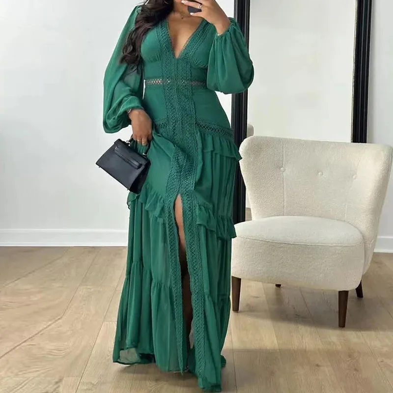 Deep V Neck Spring Autumn Patchwork Party Dress, Women Long Sleeve Hollow Out Maxi Dress, New Fashion Solid Ladies Dress Vestido