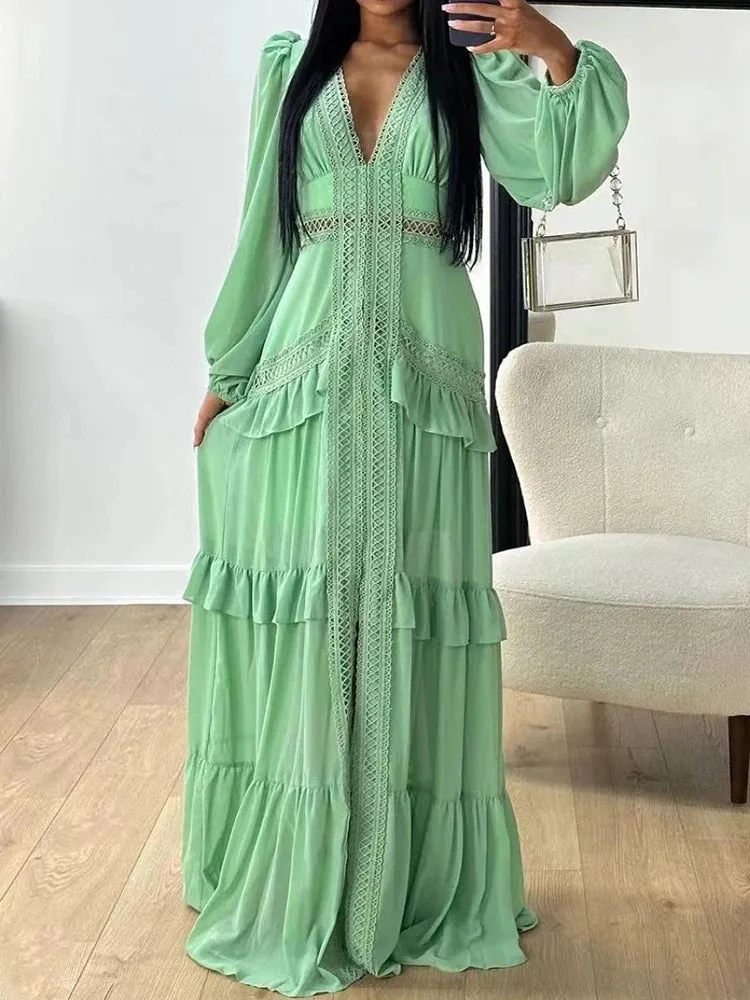 Deep V Neck Spring Autumn Patchwork Party Dress, Women Long Sleeve Hollow Out Maxi Dress, New Fashion Solid Ladies Dress Vestido