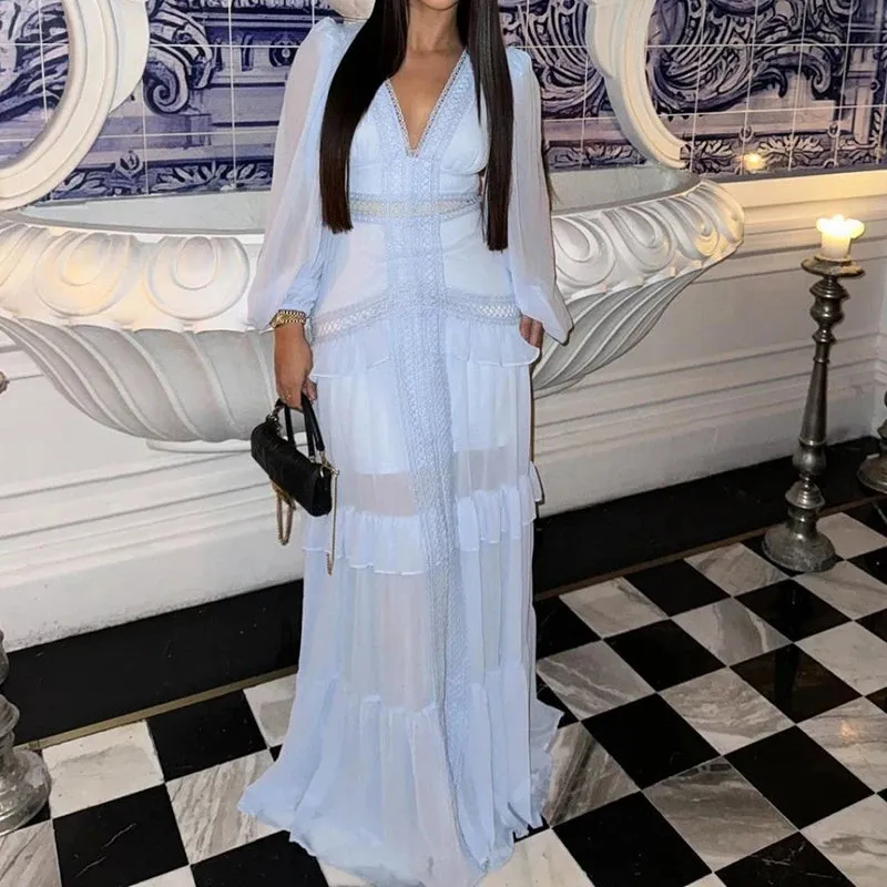 Deep V Neck Spring Autumn Patchwork Party Dress, Women Long Sleeve Hollow Out Maxi Dress, New Fashion Solid Ladies Dress Vestido