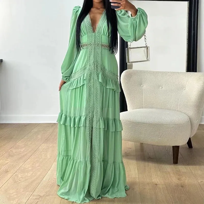 Deep V Neck Spring Autumn Patchwork Party Dress, Women Long Sleeve Hollow Out Maxi Dress, New Fashion Solid Ladies Dress Vestido