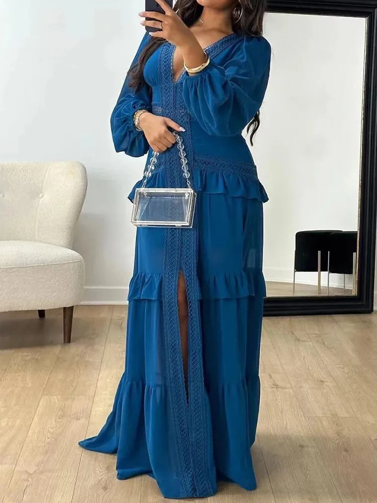 Deep V Neck Spring Autumn Patchwork Party Dress, Women Long Sleeve Hollow Out Maxi Dress, New Fashion Solid Ladies Dress Vestido