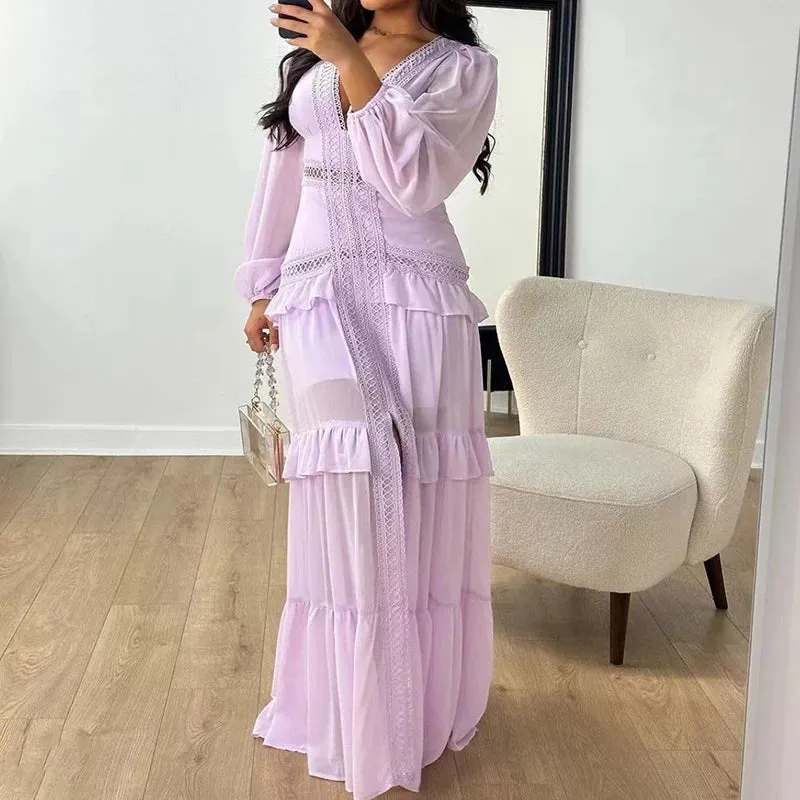 Deep V Neck Spring Autumn Patchwork Party Dress, Women Long Sleeve Hollow Out Maxi Dress, New Fashion Solid Ladies Dress Vestido