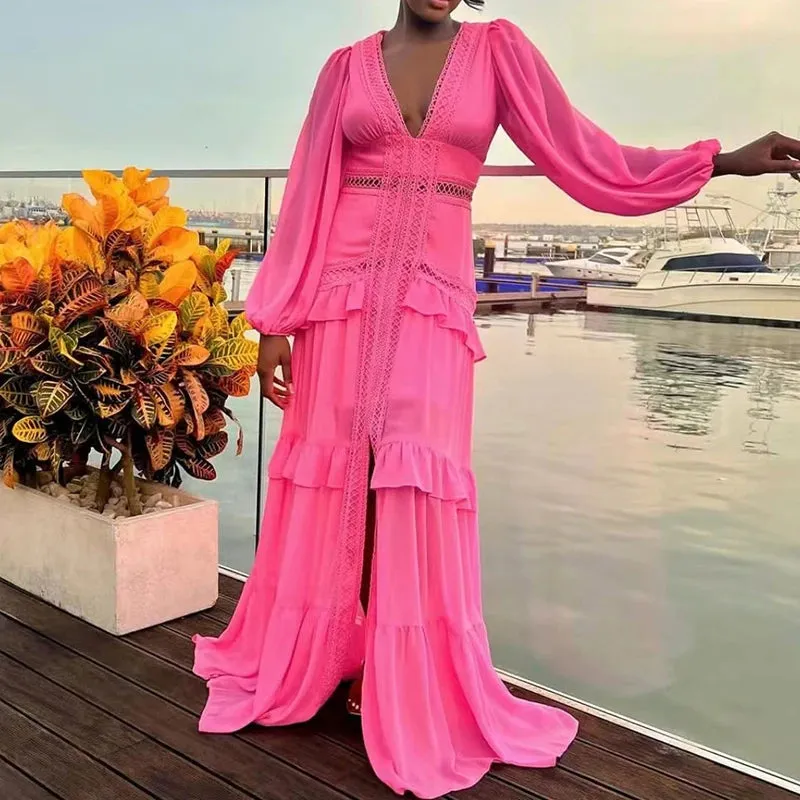 Deep V Neck Spring Autumn Patchwork Party Dress, Women Long Sleeve Hollow Out Maxi Dress, New Fashion Solid Ladies Dress Vestido