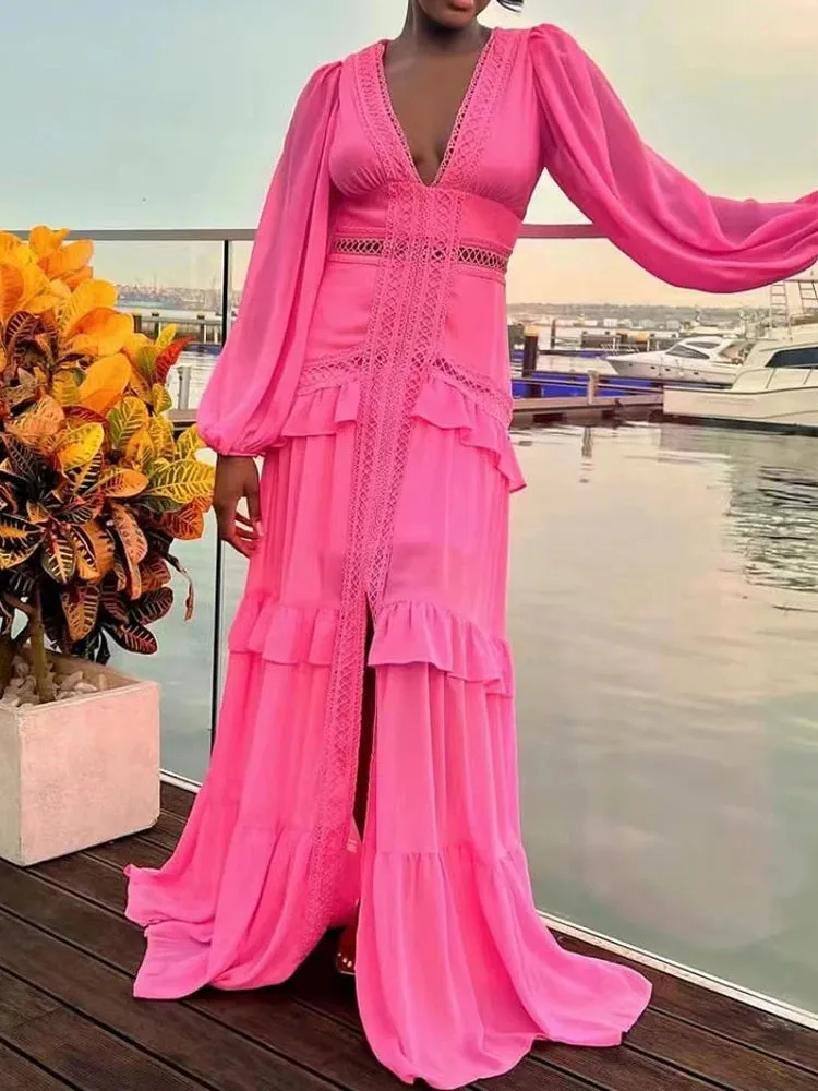 Deep V Neck Spring Autumn Patchwork Party Dress, Women Long Sleeve Hollow Out Maxi Dress, New Fashion Solid Ladies Dress Vestido