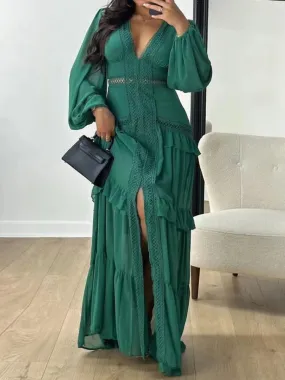 Deep V Neck Spring Autumn Patchwork Party Dress, Women Long Sleeve Hollow Out Maxi Dress, New Fashion Solid Ladies Dress Vestido