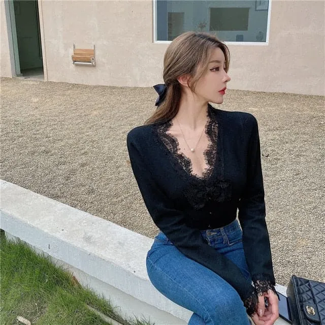 DressBetty - Vintage Knitted Shirts Ladies Casual V-Neck Lace Slim Blouse and Tops Women Spring Korean Style Sexy Shirt Female Elegant