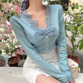 DressBetty - Vintage Knitted Shirts Ladies Casual V-Neck Lace Slim Blouse and Tops Women Spring Korean Style Sexy Shirt Female Elegant