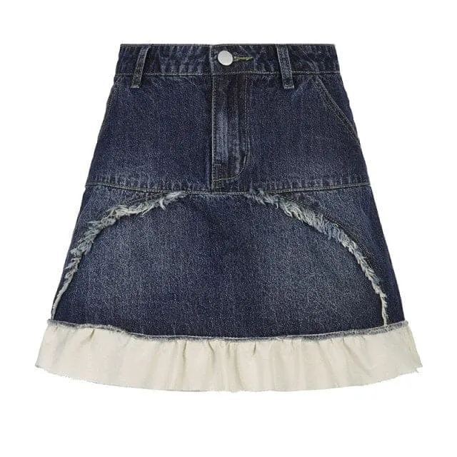 DressBetty - Y2K Ladies Short Skirt Fashion Hot Girl High Waist Gradient Denim Skirt Ruffle Stitching Skirt Trend Woman Clothing Summer
