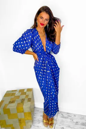 Drive Em Wild - Cobalt Gold Foil Spot Midi Wrap Dress