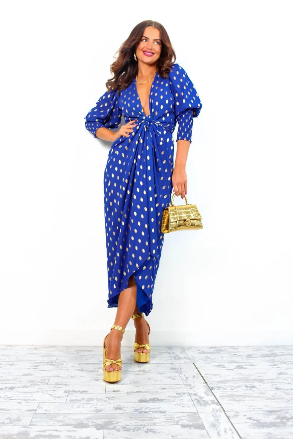 Drive Em Wild - Cobalt Gold Foil Spot Midi Wrap Dress
