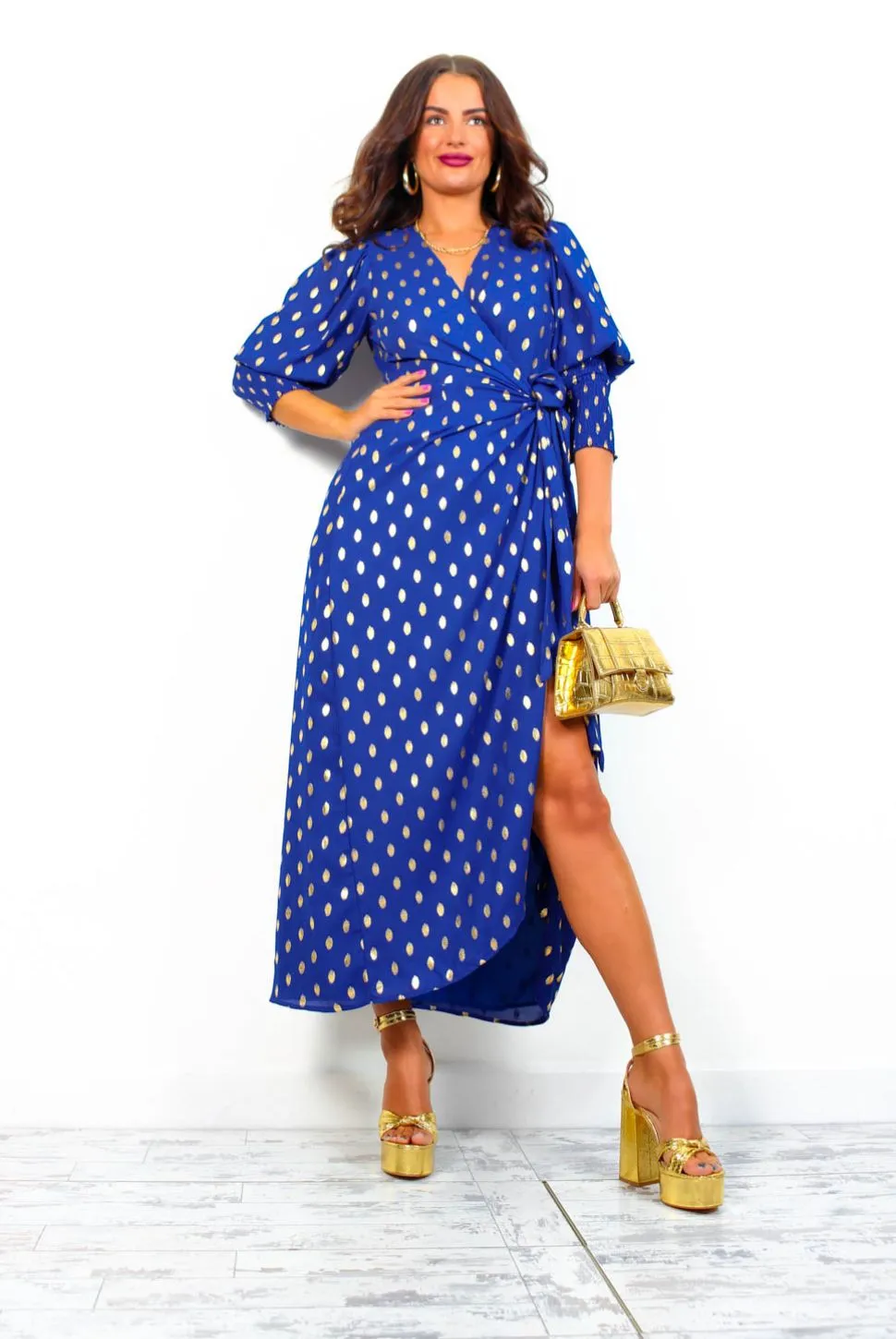 Drive Em Wild - Cobalt Gold Foil Spot Midi Wrap Dress