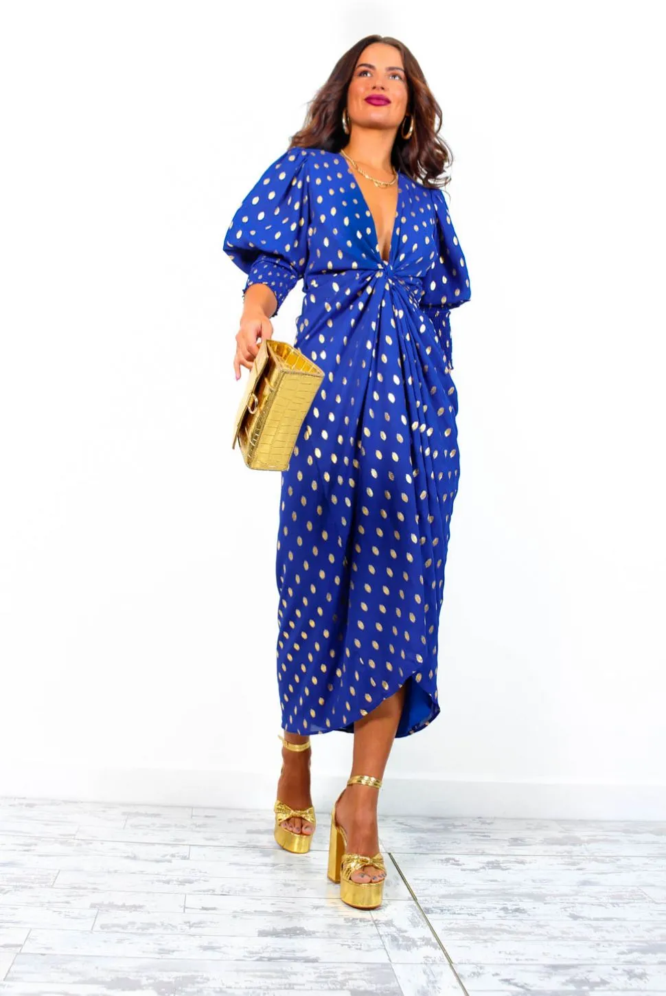 Drive Em Wild - Cobalt Gold Foil Spot Midi Wrap Dress