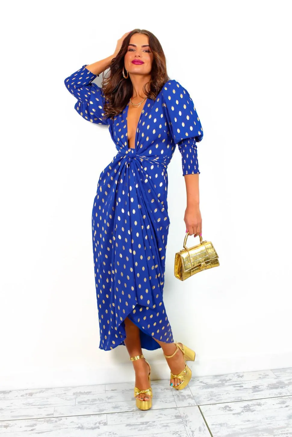 Drive Em Wild - Cobalt Gold Foil Spot Midi Wrap Dress