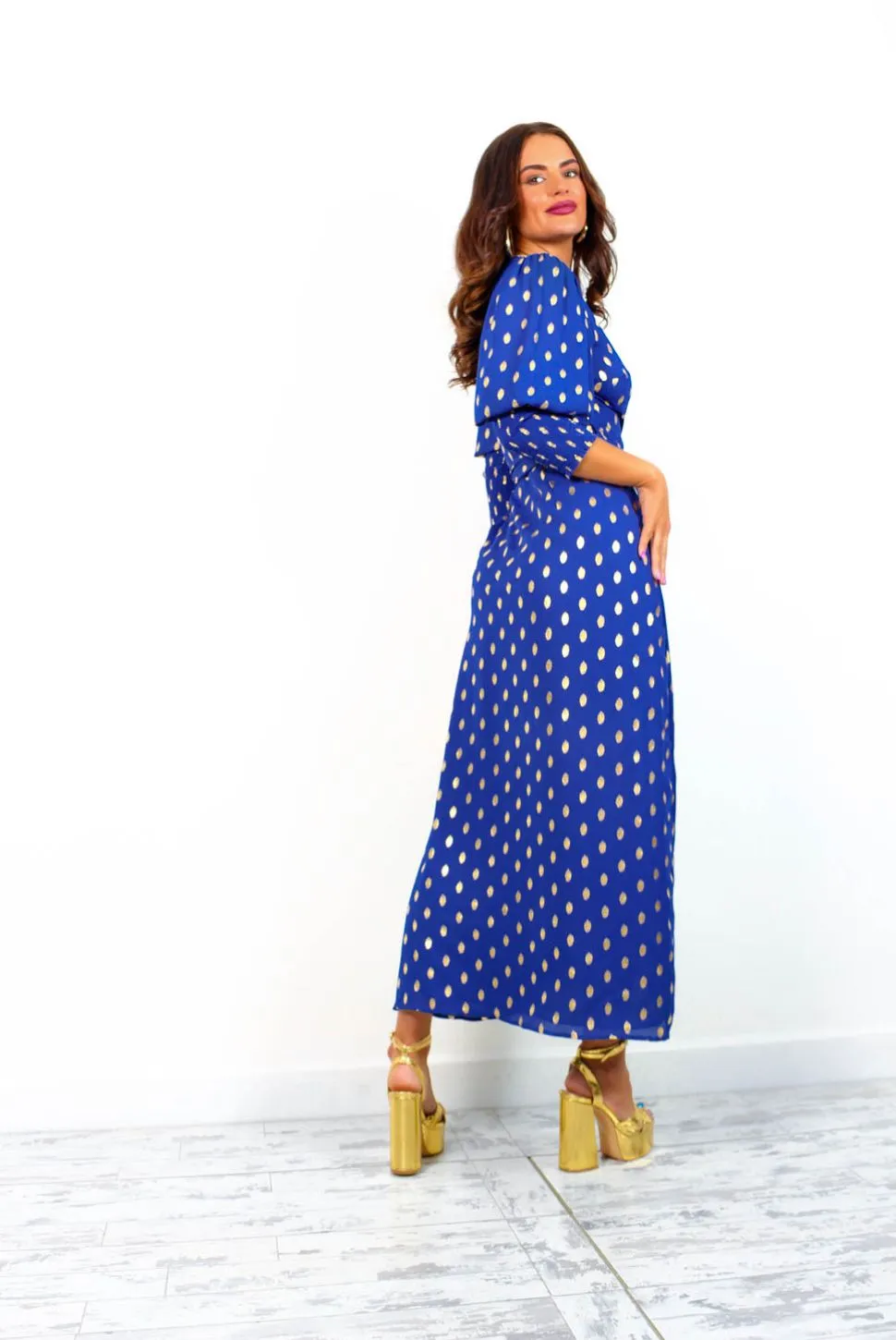 Drive Em Wild - Cobalt Gold Foil Spot Midi Wrap Dress