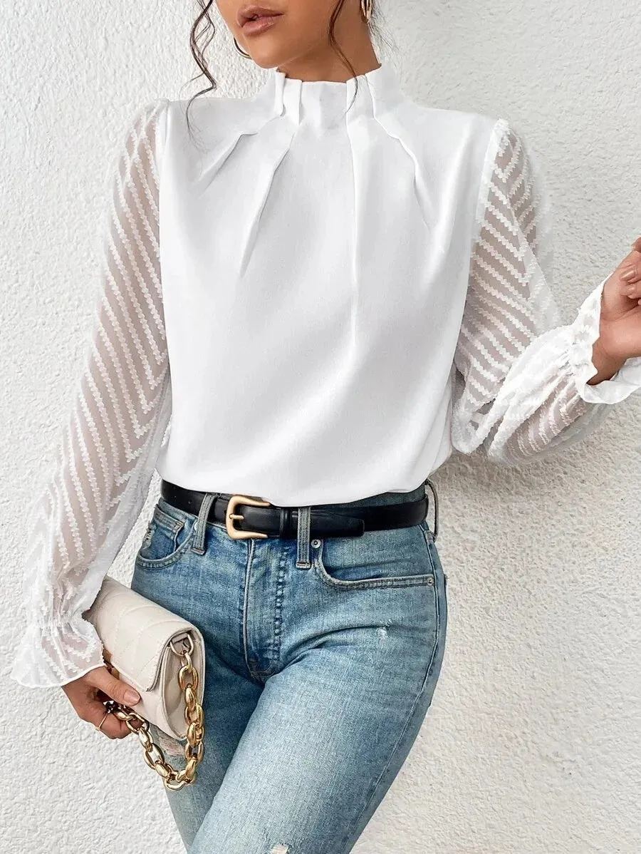 Elegant Blouse White Women's Shirt 2024 New Half High Neck Spliced Wave Pattern Chiffon Long sleeved Top Office Lady