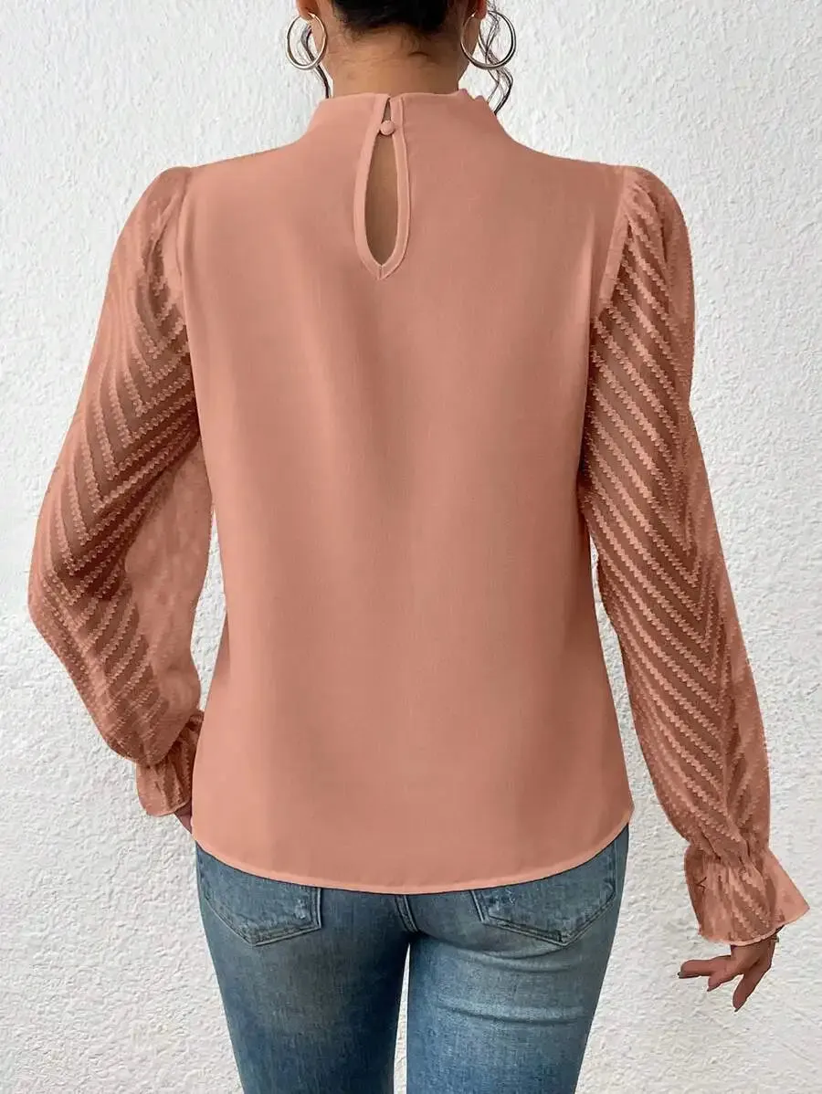 Elegant Blouse White Women's Shirt 2024 New Half High Neck Spliced Wave Pattern Chiffon Long sleeved Top Office Lady