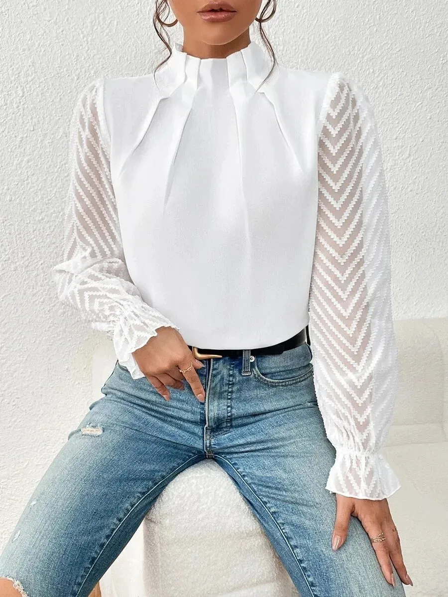 Elegant Blouse White Women's Shirt 2024 New Half High Neck Spliced Wave Pattern Chiffon Long sleeved Top Office Lady