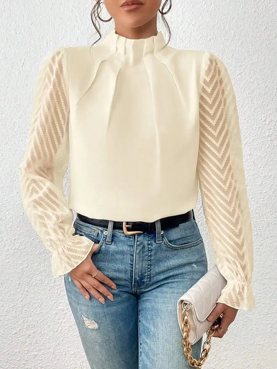 Elegant Blouse White Women's Shirt 2024 New Half High Neck Spliced Wave Pattern Chiffon Long sleeved Top Office Lady