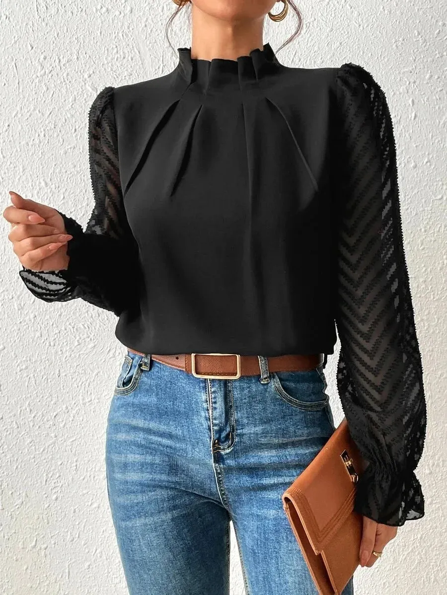 Elegant Blouse White Women's Shirt 2024 New Half High Neck Spliced Wave Pattern Chiffon Long sleeved Top Office Lady