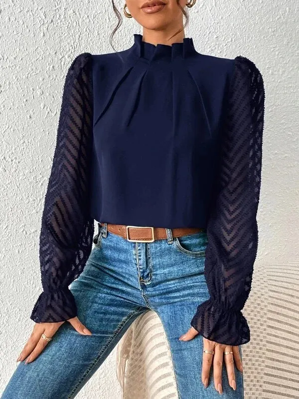 Elegant Blouse White Women's Shirt 2024 New Half High Neck Spliced Wave Pattern Chiffon Long sleeved Top Office Lady